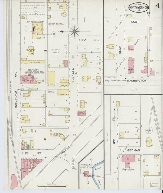 Sanborn Fire Insurance Map from North Vernon, Jennings County, Indiana (1893), Sheet #0004 - Historic Sanborn Fire Insurance Map Print, vintage old map wall art, antique decor, genealogy gift, Indiana Indiana map