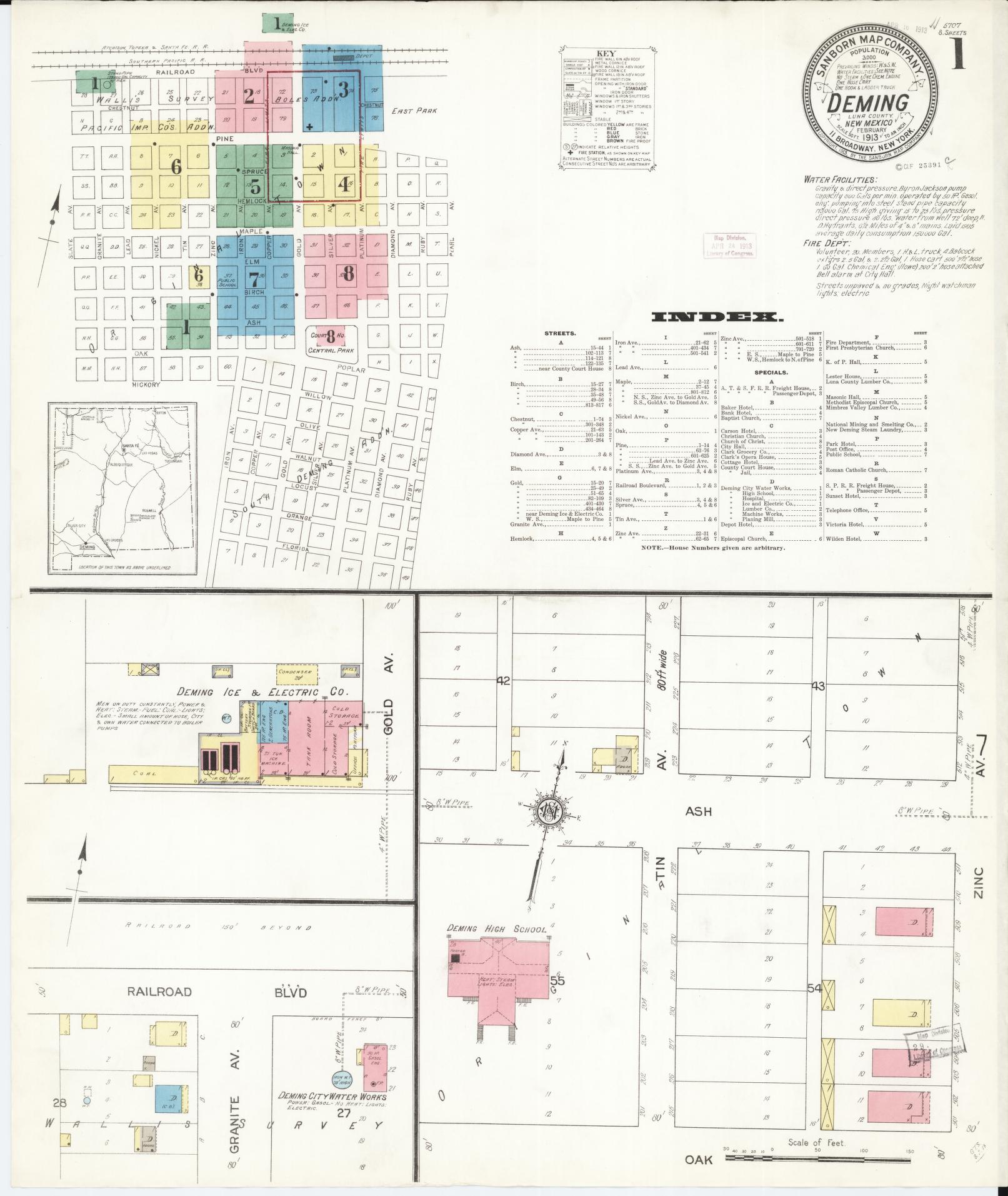 Sanborn Fire Insurance Map from Deming, Luna County, New Mexico (1913), Sheet #0001 - Complete Map Set gallery image, historic Sanborn map, vintage wall art, New Mexico New Mexico