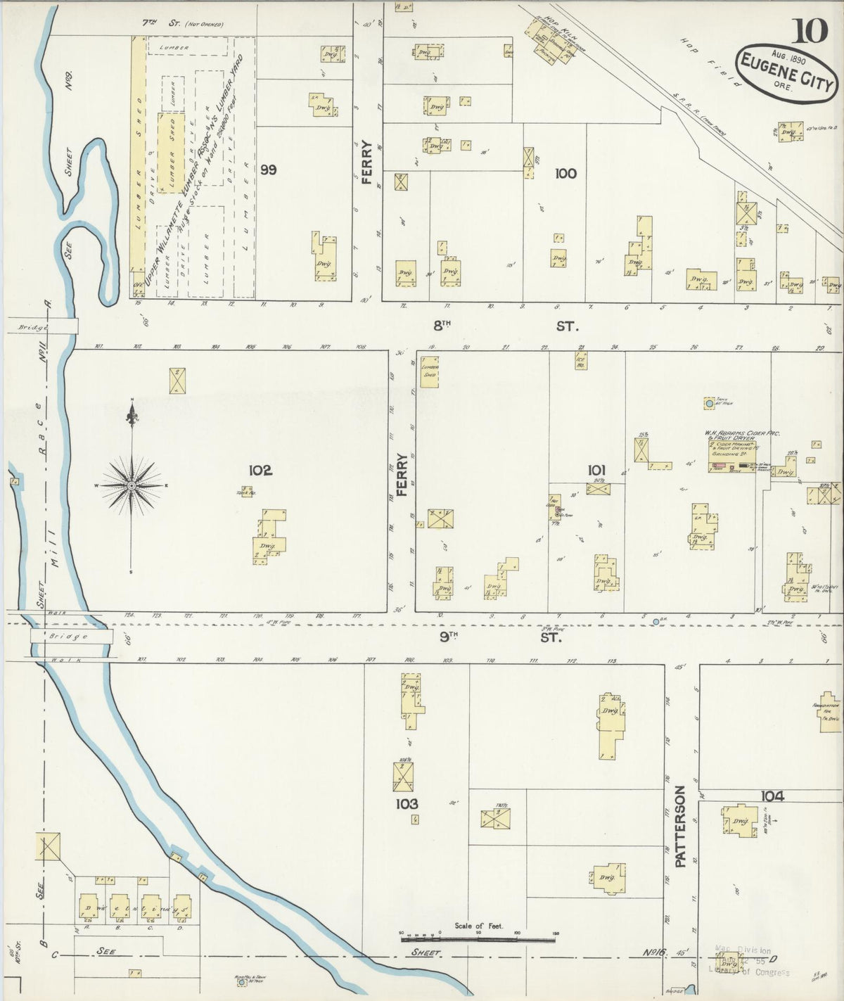 Sanborn Fire Insurance Map from Eugene, Lane County, Oregon (1890), Sheet #0010 - Historic Sanborn Fire Insurance Map Print, vintage old map wall art, antique decor, genealogy gift, Oregon Oregon map