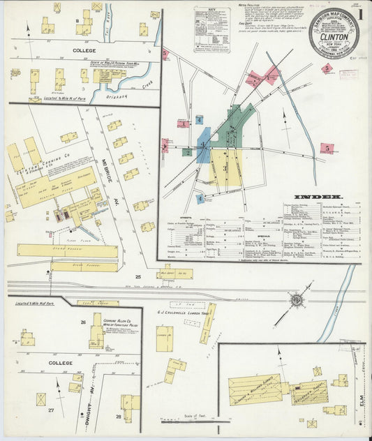 Sanborn Fire Insurance Map from Clinton, Oneida County, New York (1910), Sheet #0001 - Historic Sanborn Fire Insurance Map Print, vintage old map wall art, antique decor, genealogy gift, New York New York map