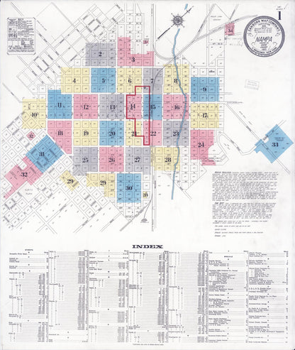 Sanborn Fire Insurance Map from Nampa, Canyon County, Idaho (1921), Sheet #0001 - Complete Map Set gallery image, historic Sanborn map, vintage wall art, Idaho Idaho
