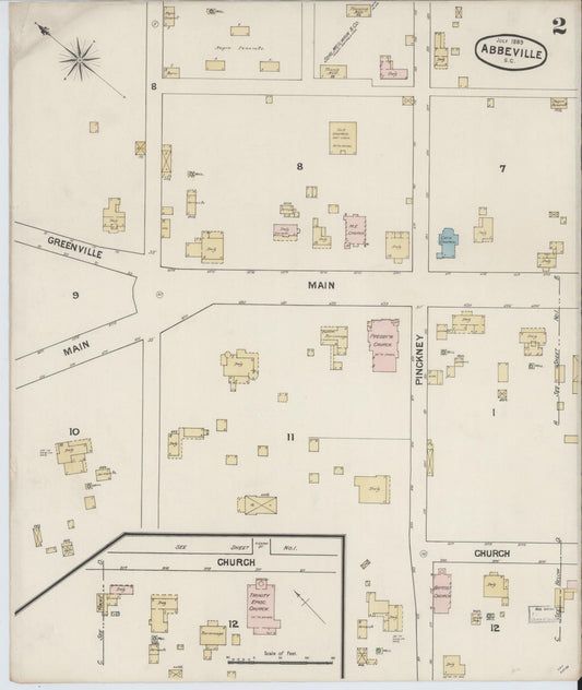 Sanborn Fire Insurance Map from Abbeville, Abbeville County, South Carolina (1889), Sheet #0002 - Historic Sanborn Fire Insurance Map Print, vintage old map wall art, antique decor, genealogy gift, South Carolina South Carolina map