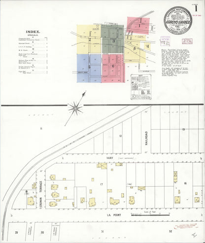 Sanborn Fire Insurance Map from Arroyo Grande, San Luis Obispo County, California (1909), Sheet #0001 - Historic Sanborn Fire Insurance Map Print, vintage old map wall art, antique decor, genealogy gift, California California map