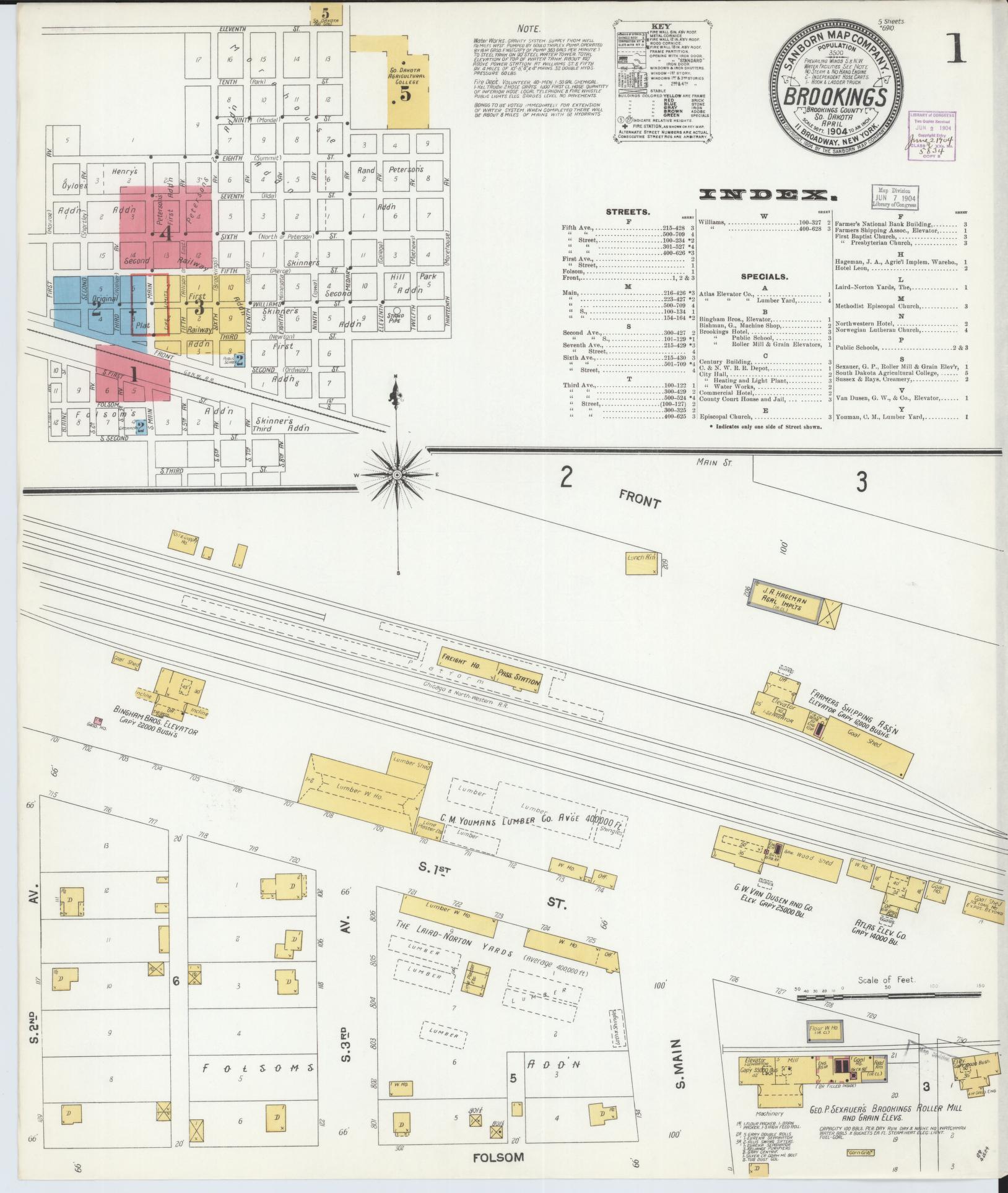 Sanborn Fire Insurance Map from Brookings, Brookings County, South Dakota (1904), Sheet #0001 - Historic Sanborn Fire Insurance Map Print, vintage old map wall art, antique decor, genealogy gift, South Dakota South Dakota map