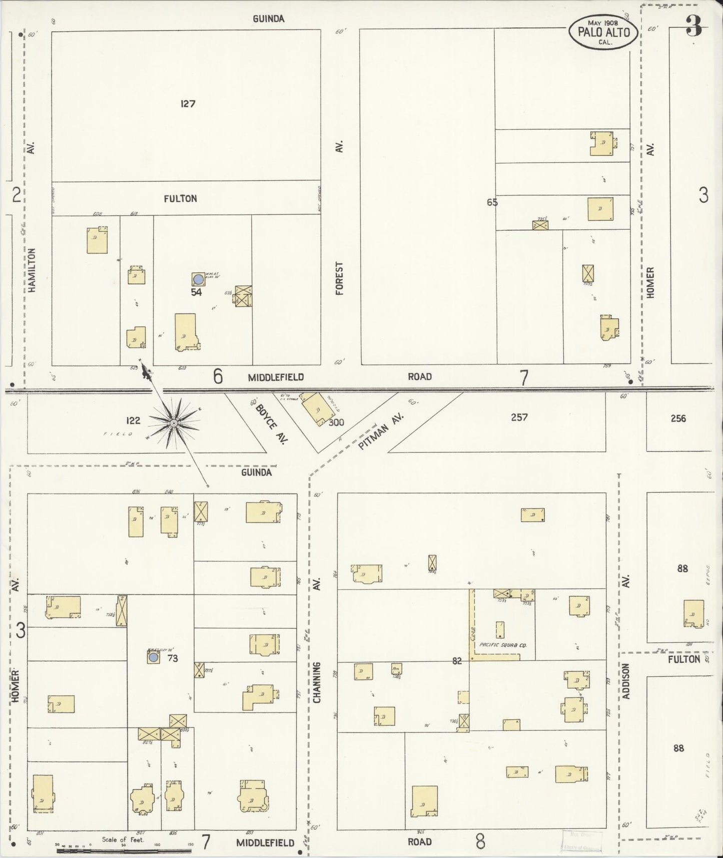 Sanborn Fire Insurance Map from Palo Alto, Santa Clara County, California (1908), Sheet #0003 - Complete Map Set gallery image, historic Sanborn map, vintage wall art, California California