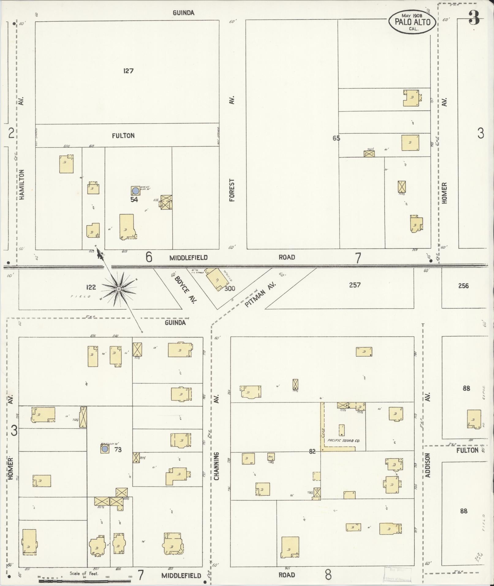 Sanborn Fire Insurance Map from Palo Alto, Santa Clara County, California (1908), Sheet #0003 - Complete Map Set gallery image, historic Sanborn map, vintage wall art, California California