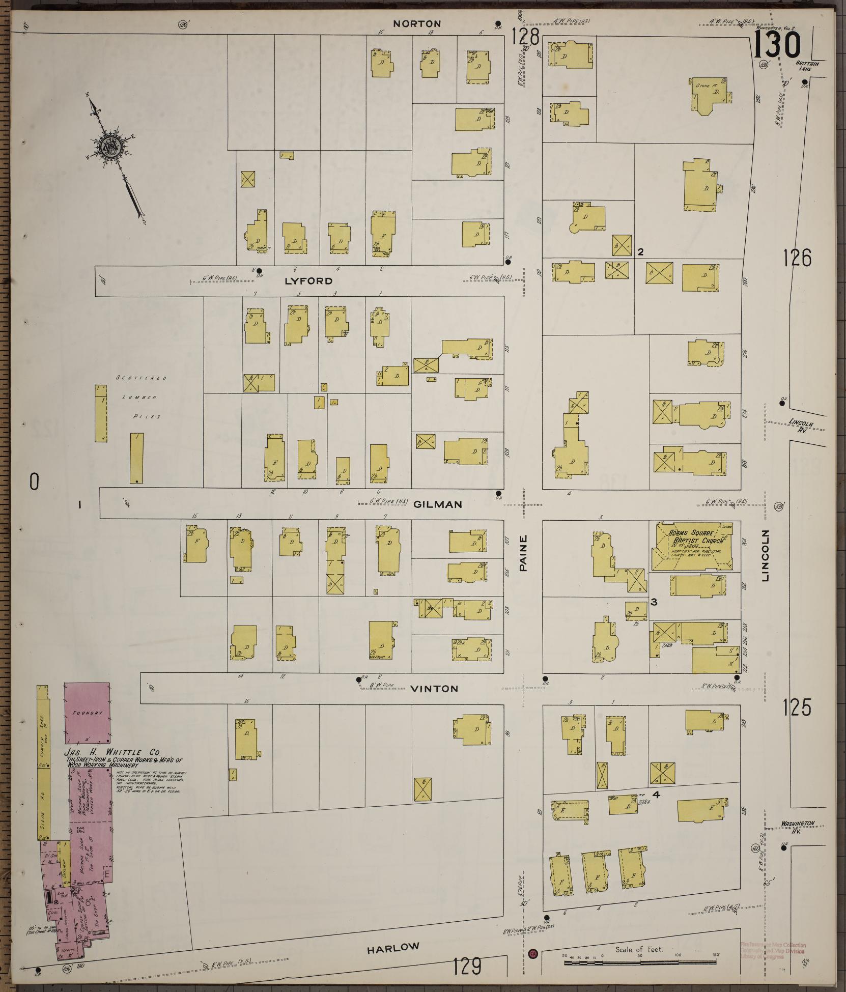 Sanborn Fire Insurance Map from Worcester, Worcester County, Massachusetts (1910), Sheet #0130 - Complete Map Set gallery image, historic Sanborn map, vintage wall art, Massachusetts Massachusetts