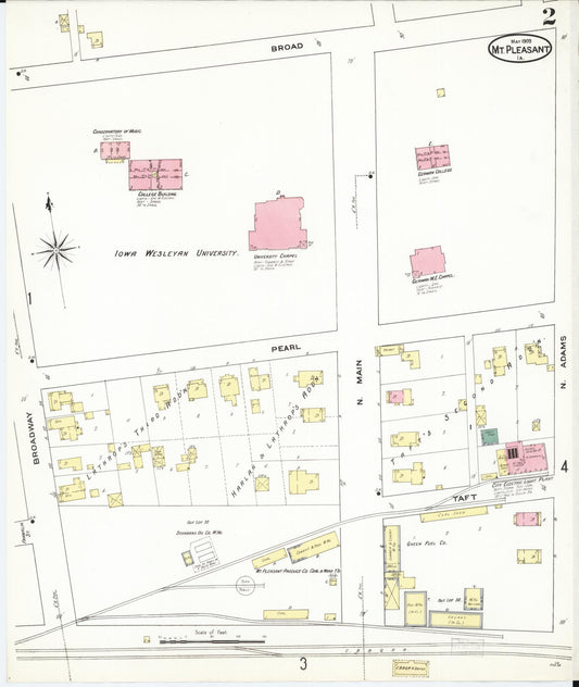 Sanborn Fire Insurance Map from Mount Pleasant, Henry County, Iowa (1909), Sheet #0002 - Historic Sanborn Fire Insurance Map Print, vintage old map wall art