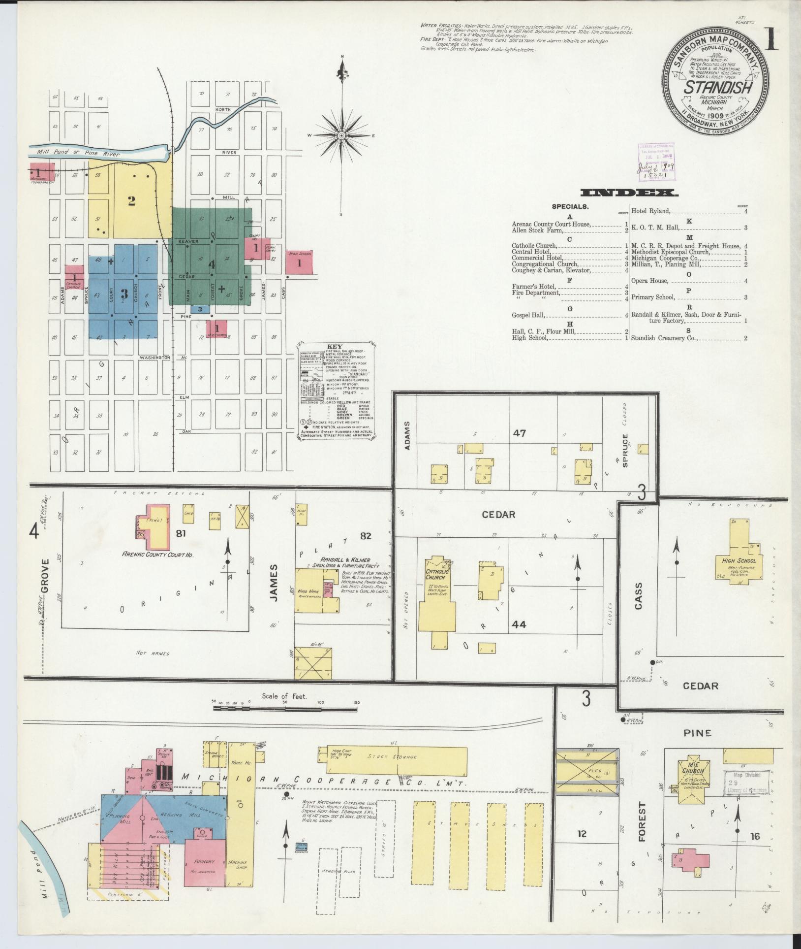 Sanborn Fire Insurance Map from Standish, Arenac County, Michigan (1909), Sheet #0001 - Historic Sanborn Fire Insurance Map Print, vintage old map wall art, antique decor, genealogy gift, Michigan Michigan map