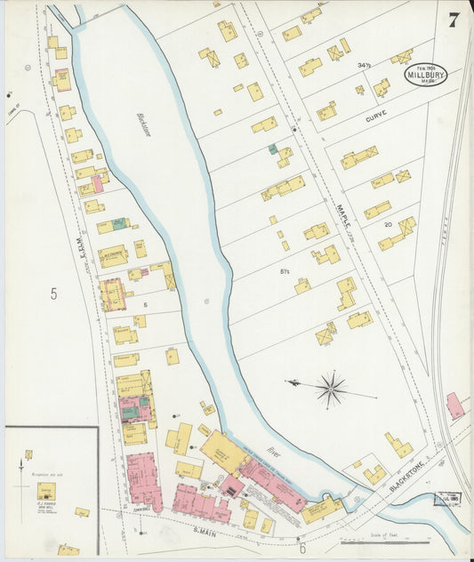 Sanborn Fire Insurance Map from Millbury, Worcester County, Massachusetts (1904), Sheet #0007 - Historic Sanborn Fire Insurance Map Print, vintage old map wall art, antique decor, genealogy gift, Massachusetts Massachusetts map