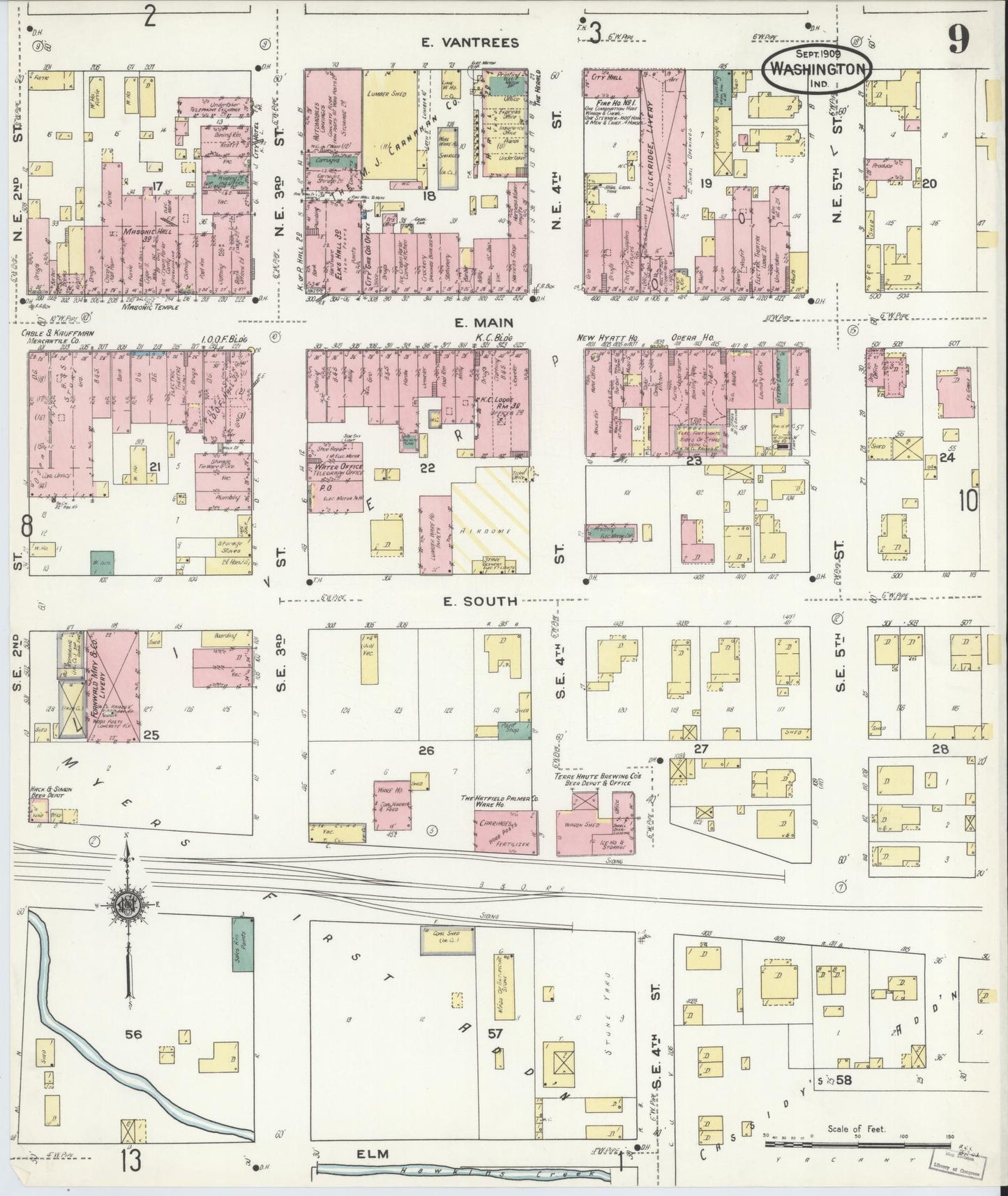 Sanborn Fire Insurance Map from Washington, Daviess County, Indiana (1909), Sheet #0009 - Historic Sanborn Fire Insurance Map Print, vintage old map wall art, antique decor, genealogy gift, Indiana Indiana map