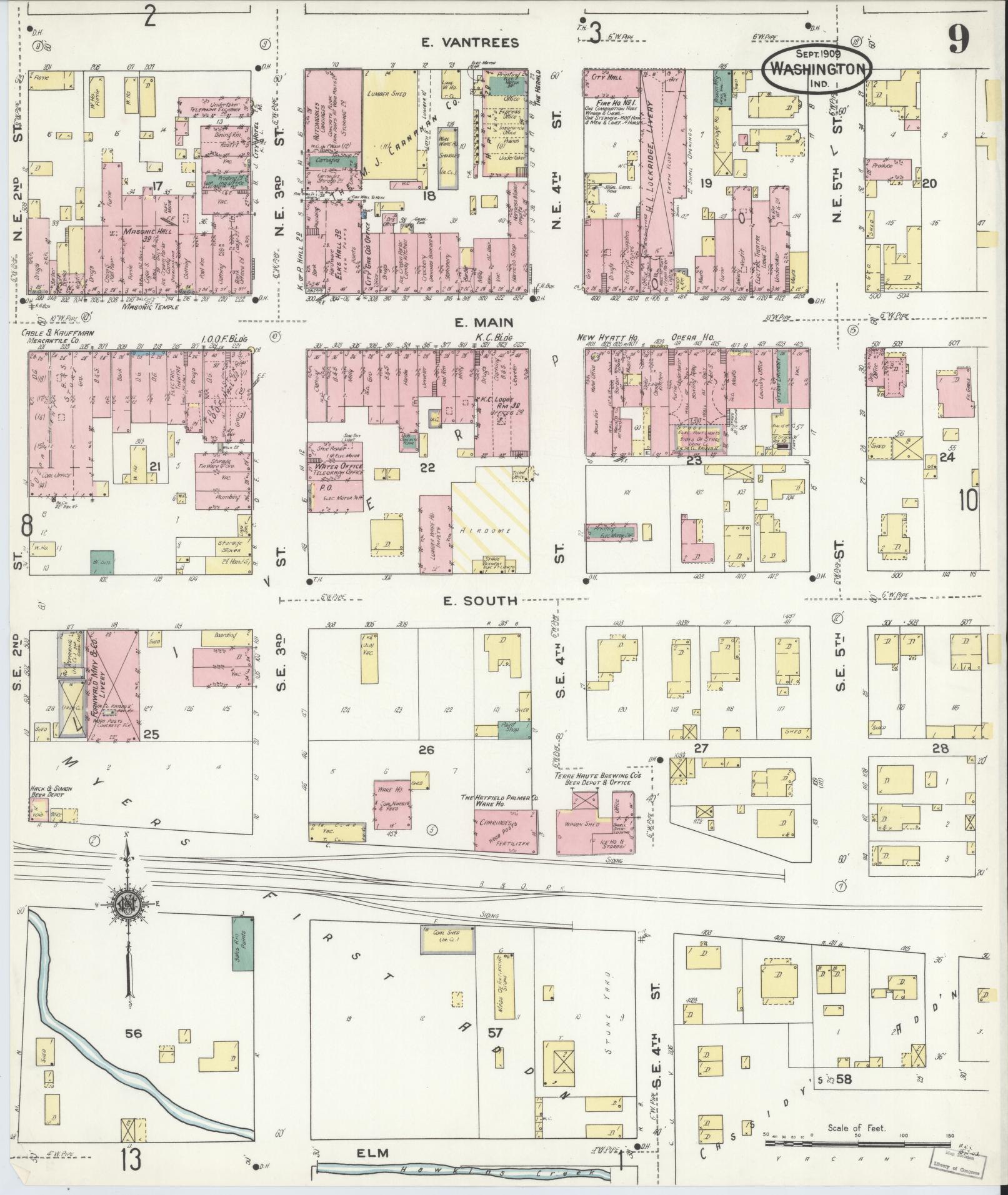 Sanborn Fire Insurance Map from Washington, Daviess County, Indiana (1909), Sheet #0009 - Historic Sanborn Fire Insurance Map Print, vintage old map wall art, antique decor, genealogy gift, Indiana Indiana map