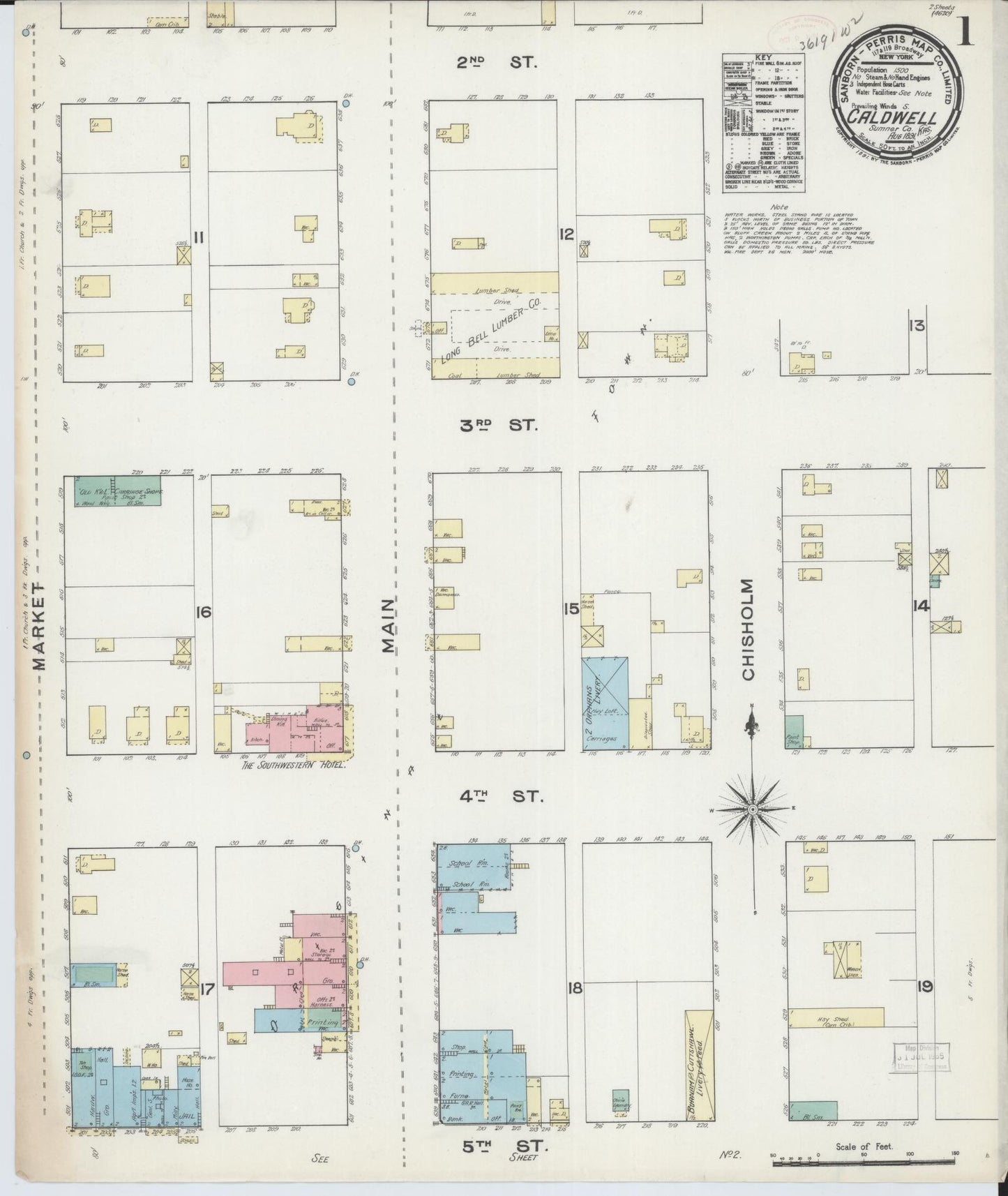Sanborn Fire Insurance Map from Caldwell, Sumner County, Kansas (1891), Sheet #0001 - Complete Map Set gallery image, historic Sanborn map, vintage wall art, Kansas Kansas