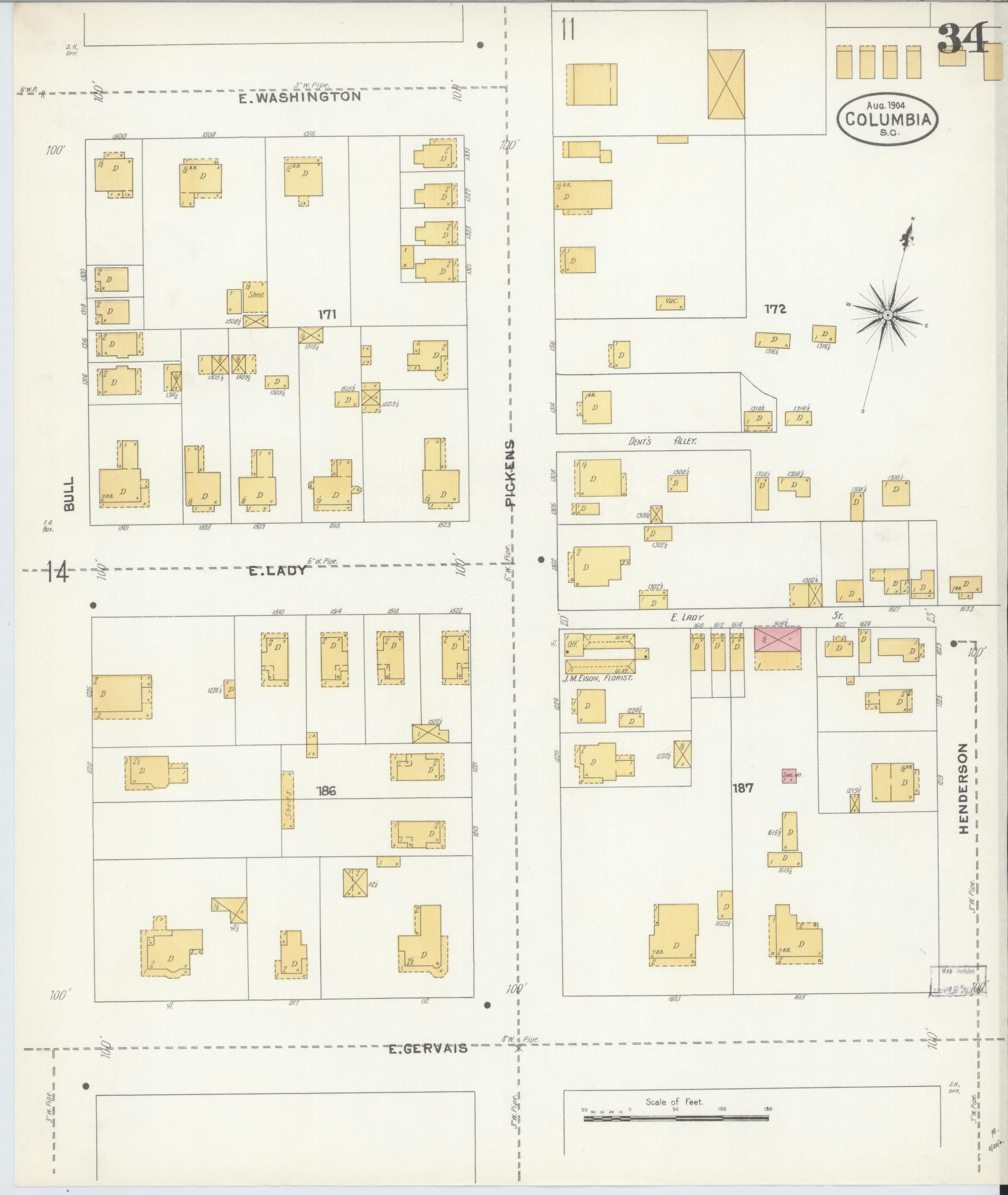 Sanborn Fire Insurance Map from Columbia, Richland County, South Carolina (1904), Sheet #0034 - Historic Sanborn Fire Insurance Map Print, vintage old map wall art, antique decor, genealogy gift, South Carolina South Carolina map