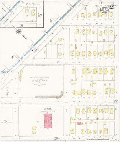 Sanborn Fire Insurance Map from Twin Falls, Twin Falls County, Idaho (1922), Sheet #0021 - Complete Map Set gallery image, historic Sanborn map, vintage wall art, Falls Idaho