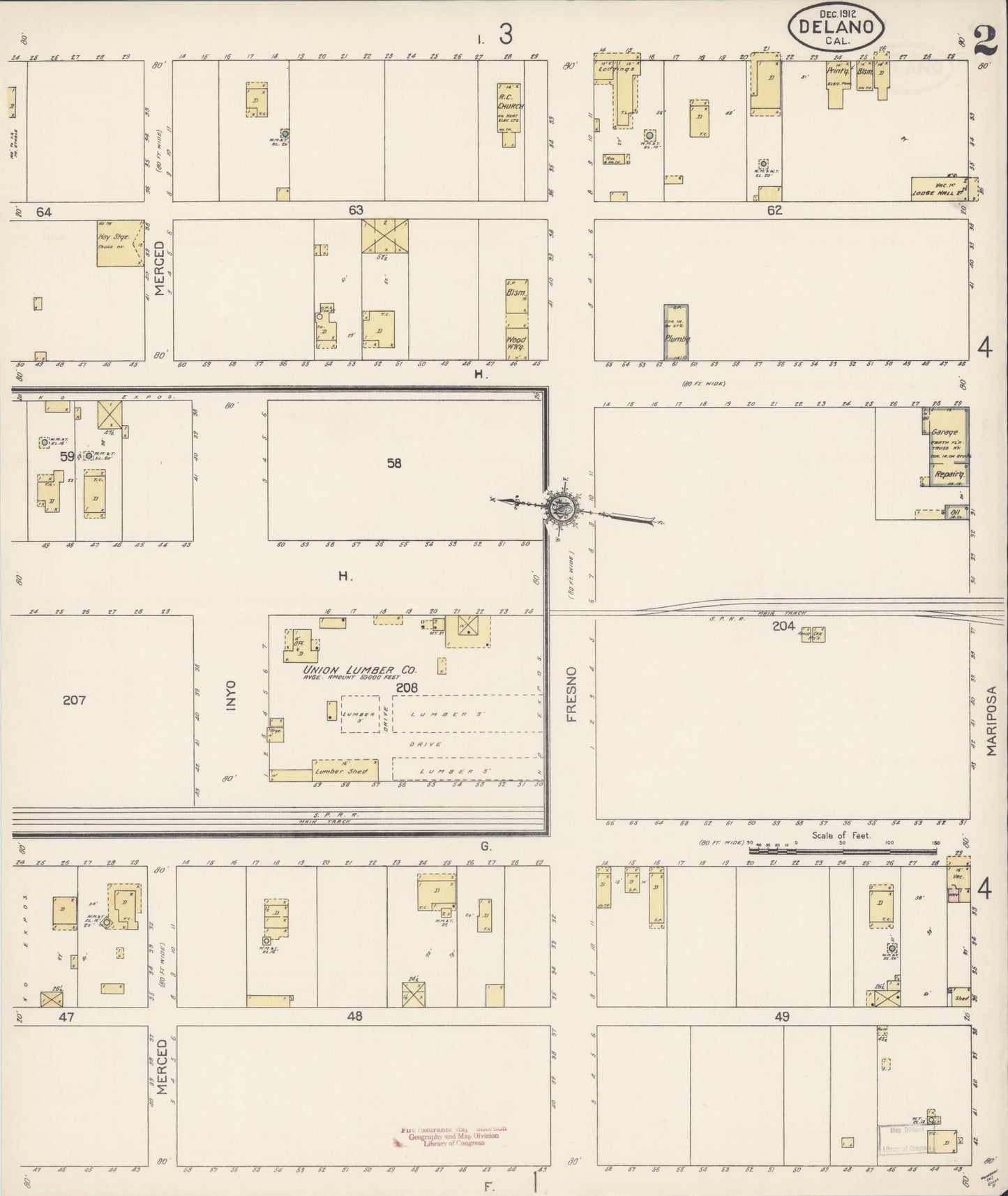 Sanborn Fire Insurance Map from Delano, Kern County, California (1912), Sheet #0002 - Complete Map Set gallery image, historic Sanborn map, vintage wall art, California California