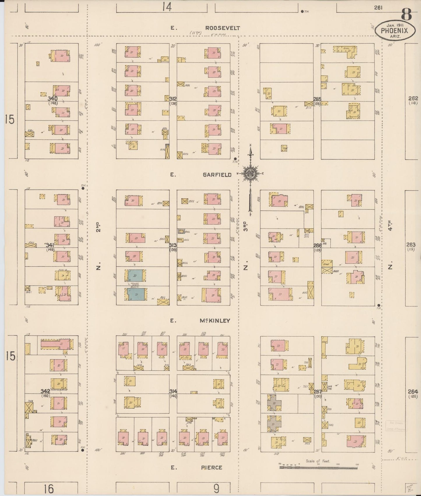 Sanborn Fire Insurance Map from Phoenix, Maricopa County, Arizona (1911), Sheet #0008 - Historic Sanborn Fire Insurance Map Print, vintage old map wall art, antique decor, genealogy gift, Arizona Arizona map