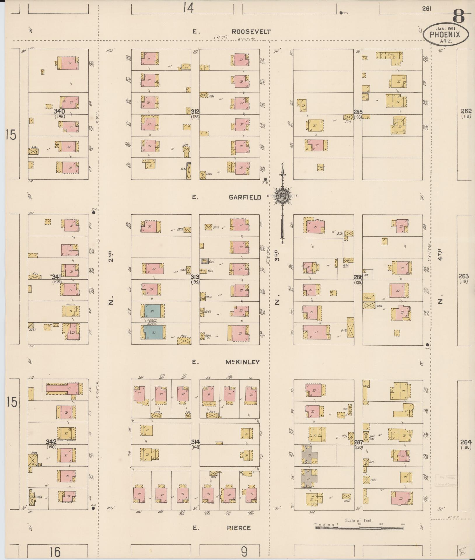 Sanborn Fire Insurance Map from Phoenix, Maricopa County, Arizona (1911), Sheet #0008 - Historic Sanborn Fire Insurance Map Print, vintage old map wall art, antique decor, genealogy gift, Arizona Arizona map