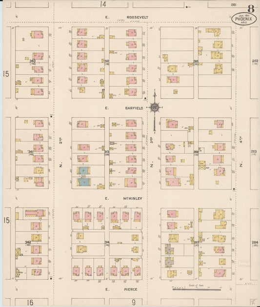 Sanborn Fire Insurance Map from Phoenix, Maricopa County, Arizona (1911), Sheet #0008 - Historic Sanborn Fire Insurance Map Print, vintage old map wall art, antique decor, genealogy gift, Arizona Arizona map