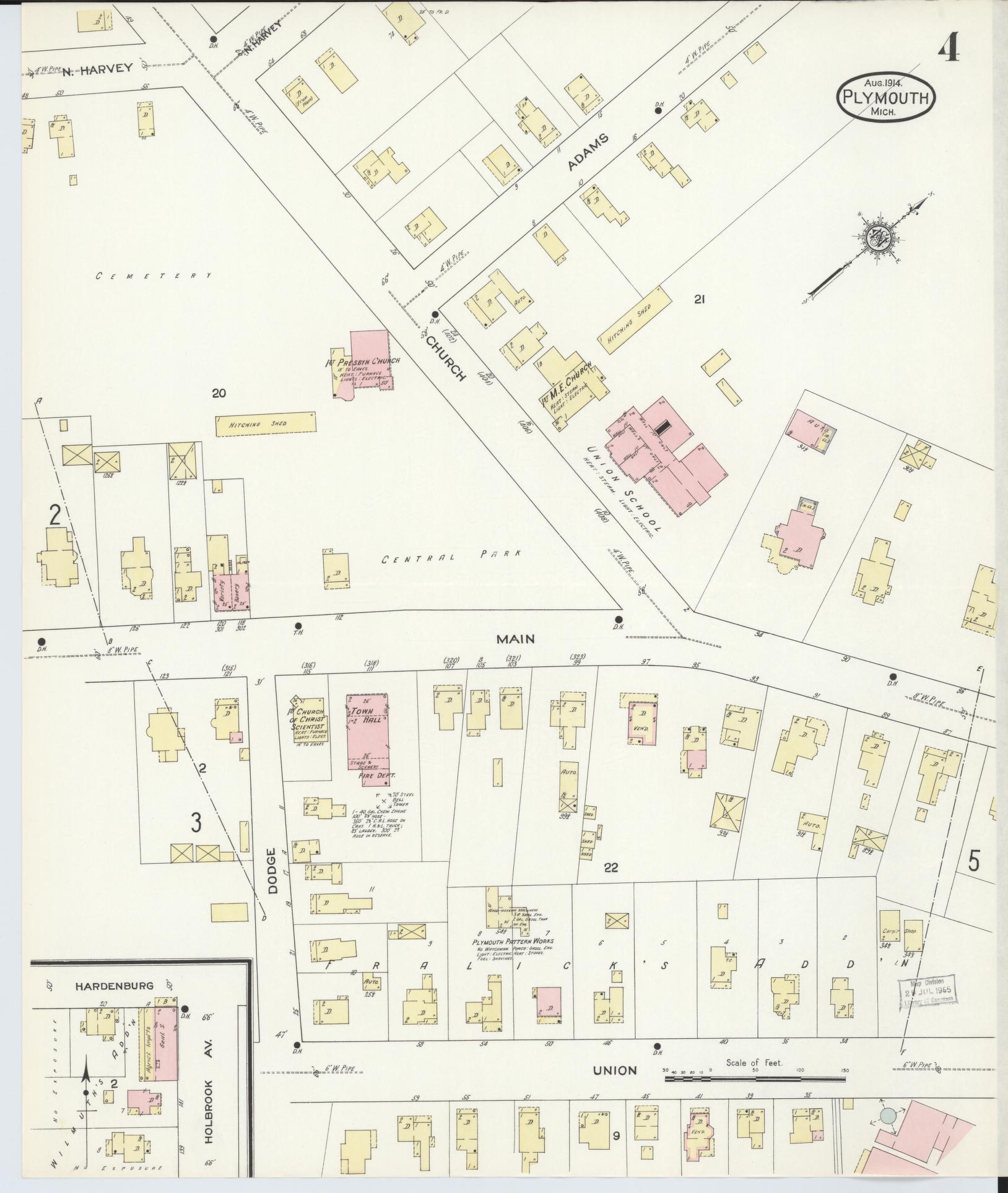 Sanborn Fire Insurance Map from Plymouth, Wayne County, Michigan (1914), Sheet #0004 - Complete Map Set gallery image, historic Sanborn map, vintage wall art, Michigan Michigan