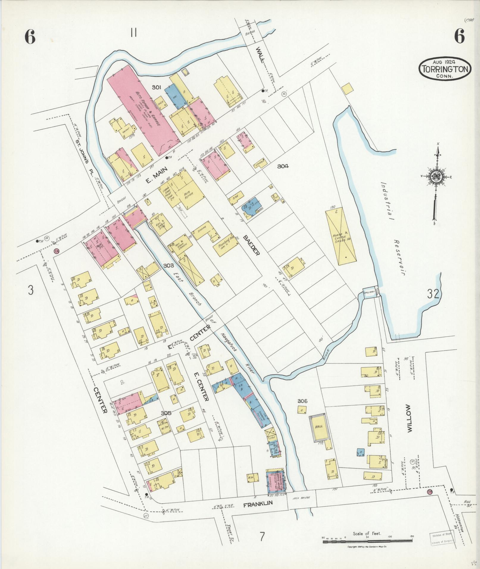 Sanborn Fire Insurance Map from Torrington, Litchfield County, Connecticut (1924), Sheet #0006 - Historic Sanborn Fire Insurance Map Print, vintage old map wall art, antique decor, genealogy gift, Connecticut Connecticut map