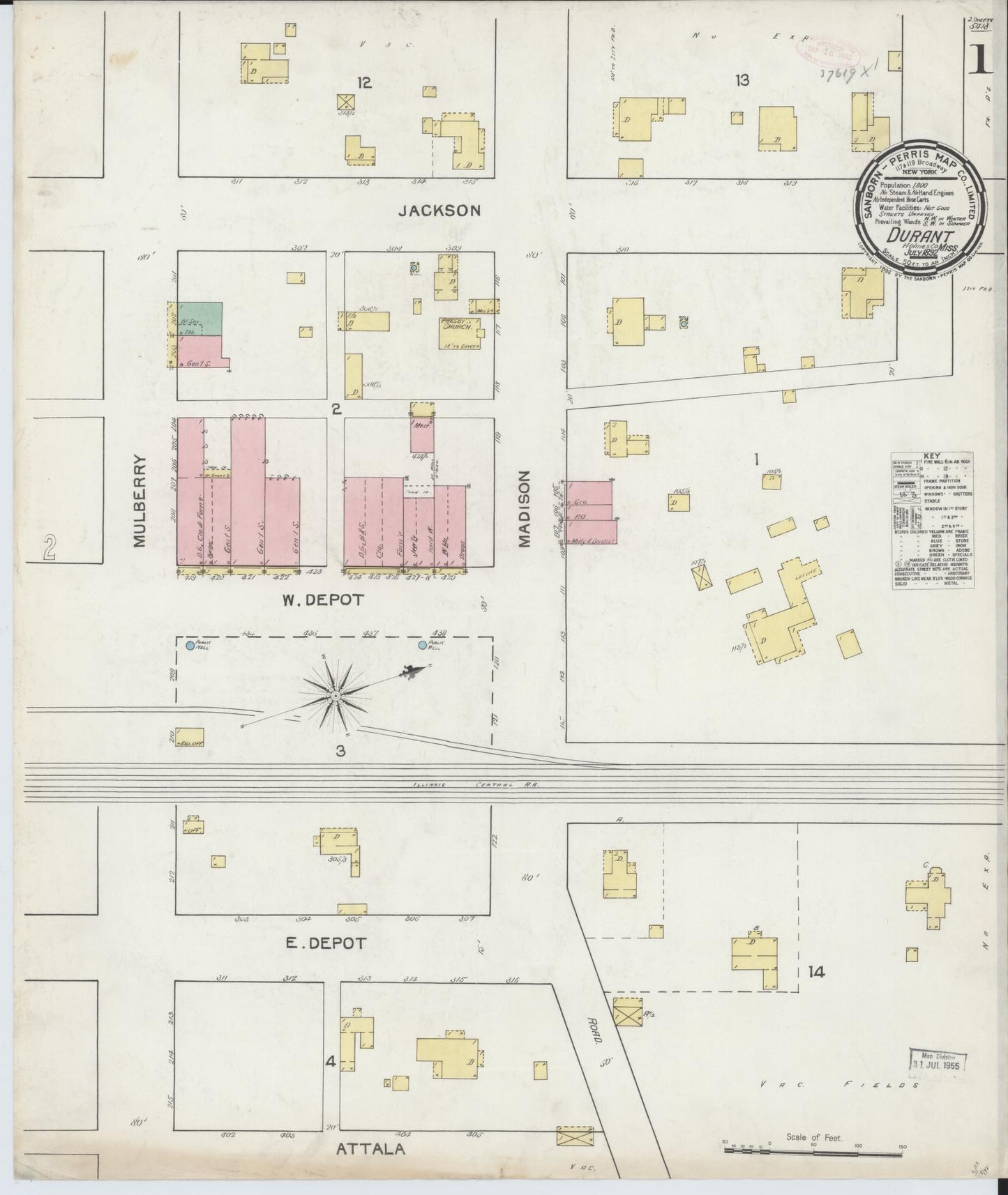 Sanborn Fire Insurance Map from Durant, Holmes County, Mississippi (1892), Sheet #0001 - Historic Sanborn Fire Insurance Map Print, vintage old map wall art, antique decor, genealogy gift, Mississippi Mississippi map