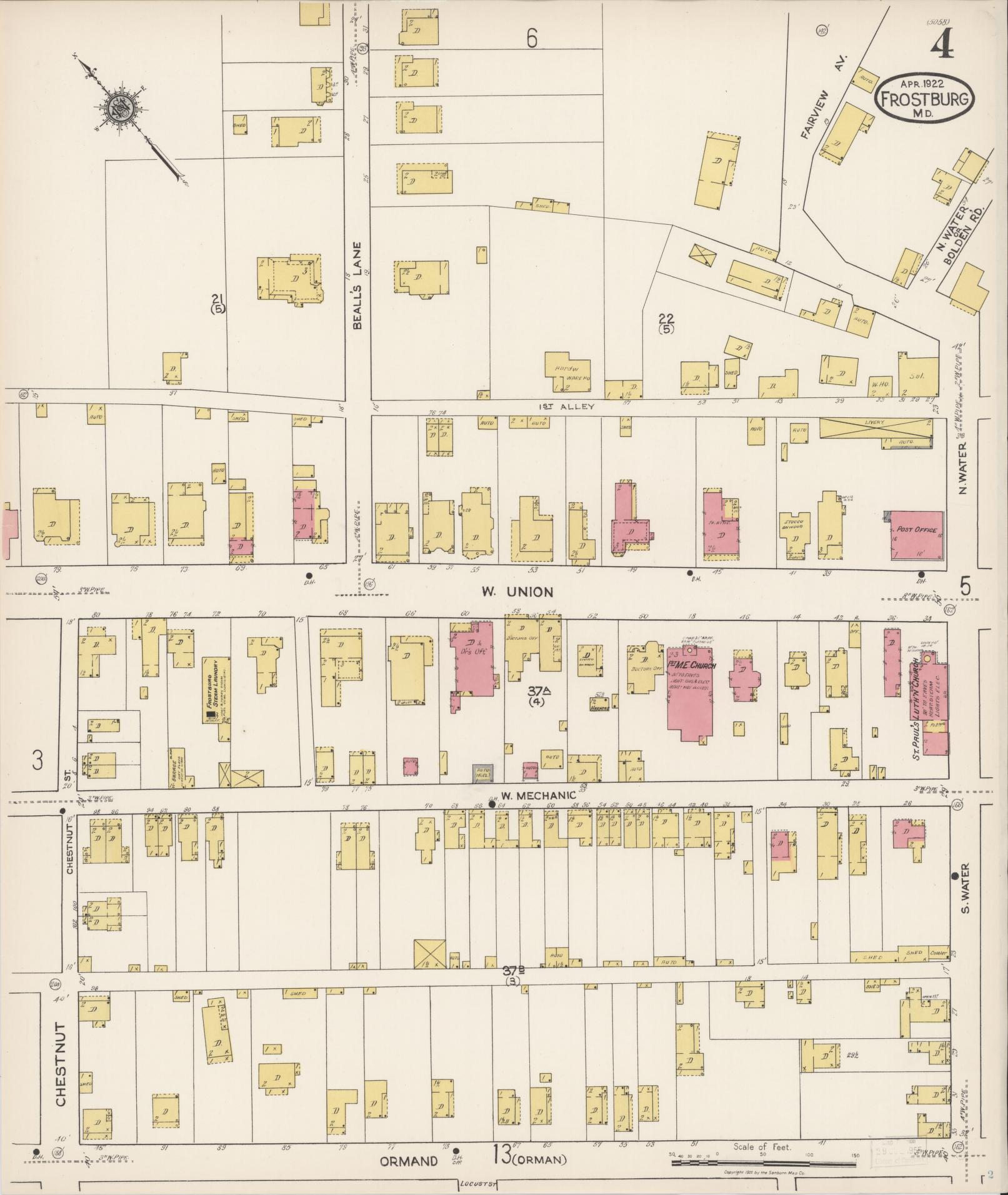 Sanborn Fire Insurance Map from Frostburg, Allegany County, Maryland (1922), Sheet #0004 - Historic Sanborn Fire Insurance Map Print, vintage old map wall art