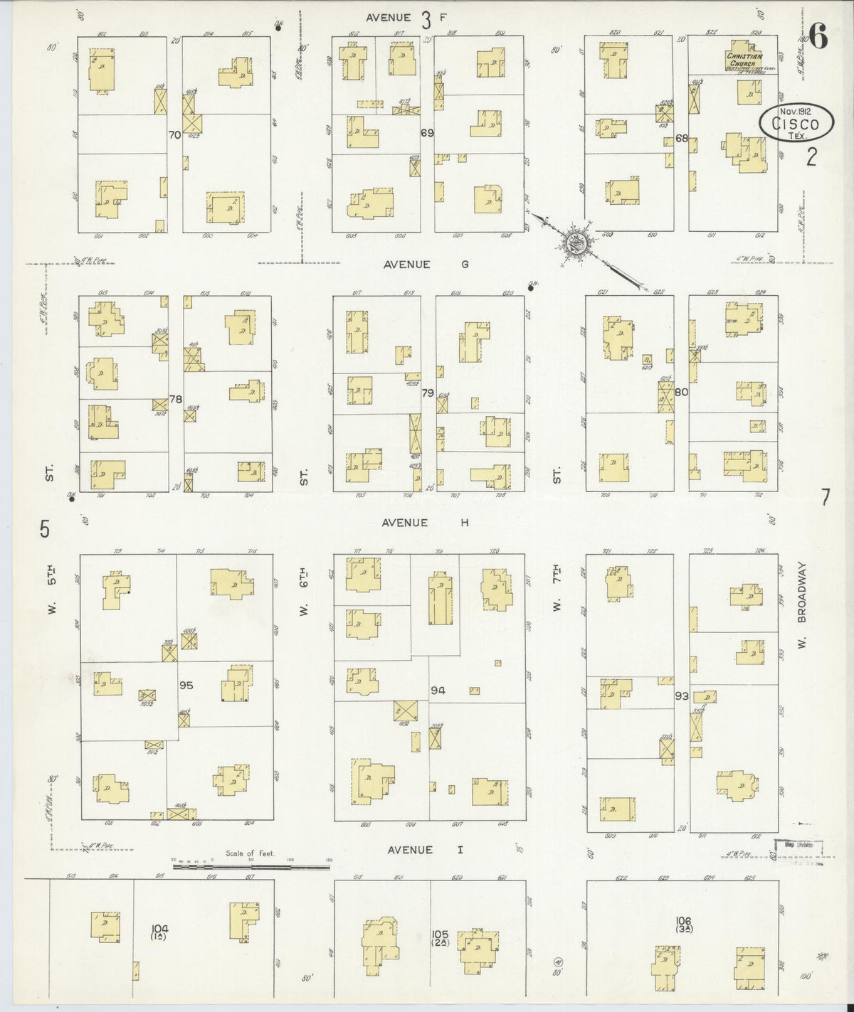 Sanborn Fire Insurance Map from Cisco, Eastland County, Texas (1912), Sheet #0006 - Complete Map Set gallery image, historic Sanborn map, vintage wall art, Texas Texas