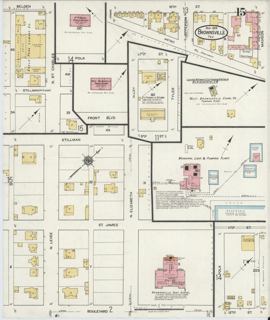 Sanborn Fire Insurance Map from Brownsville, Cameron County, Texas (1919), Sheet #0015 - Historic Sanborn Fire Insurance Map Print, vintage old map wall art, antique decor, genealogy gift, Texas Texas map
