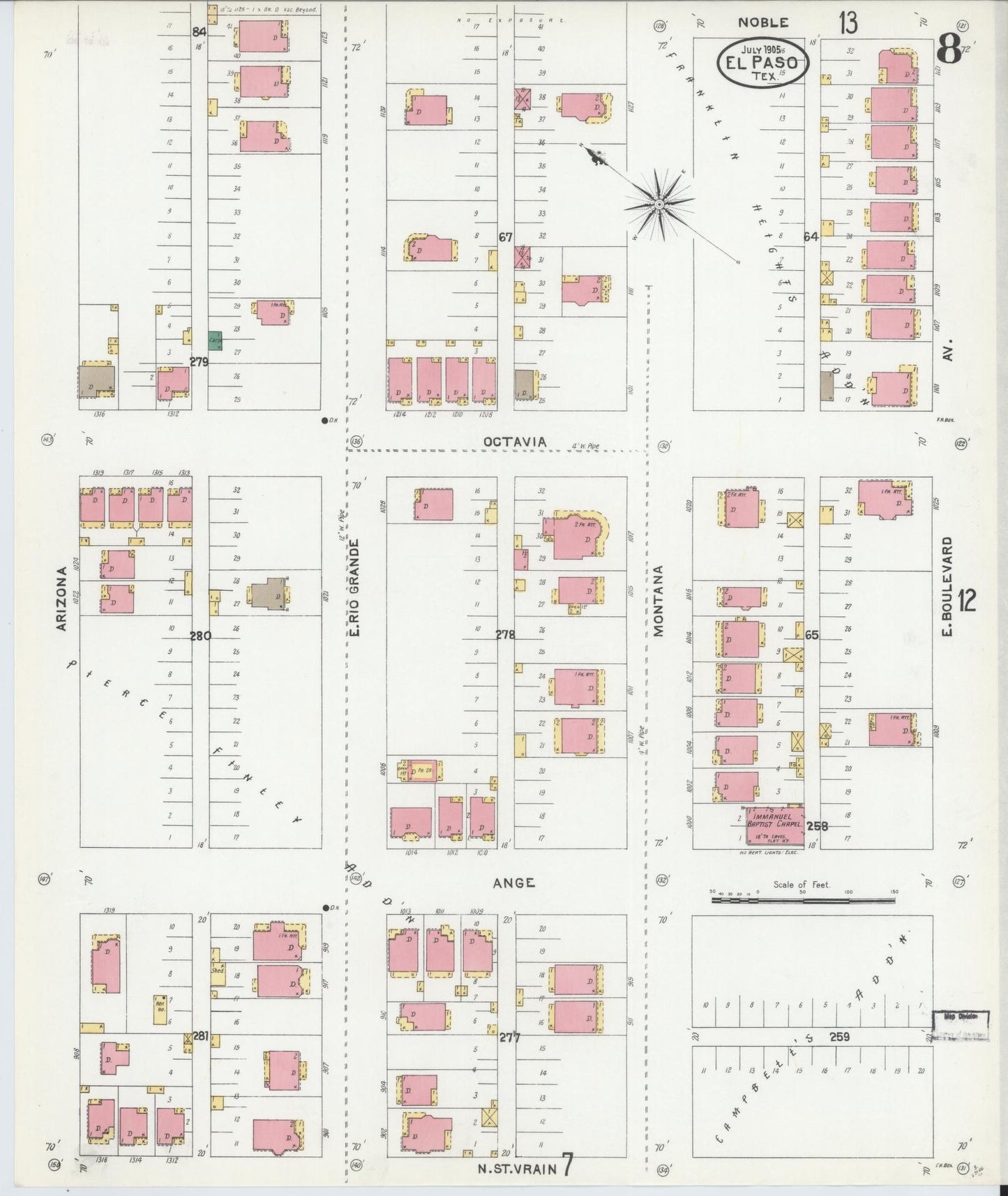 Sanborn Fire Insurance Map from El Paso, El Paso County, Texas (1905), Sheet #0008 - Complete Map Set gallery image, historic Sanborn map, vintage wall art, Texas Texas