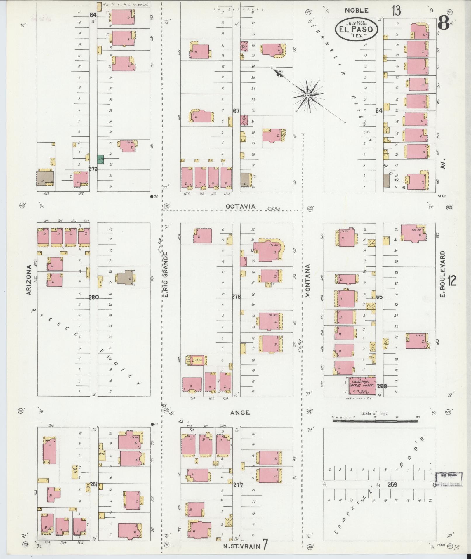 Sanborn Fire Insurance Map from El Paso, El Paso County, Texas (1905), Sheet #0008 - Complete Map Set gallery image, historic Sanborn map, vintage wall art, Texas Texas
