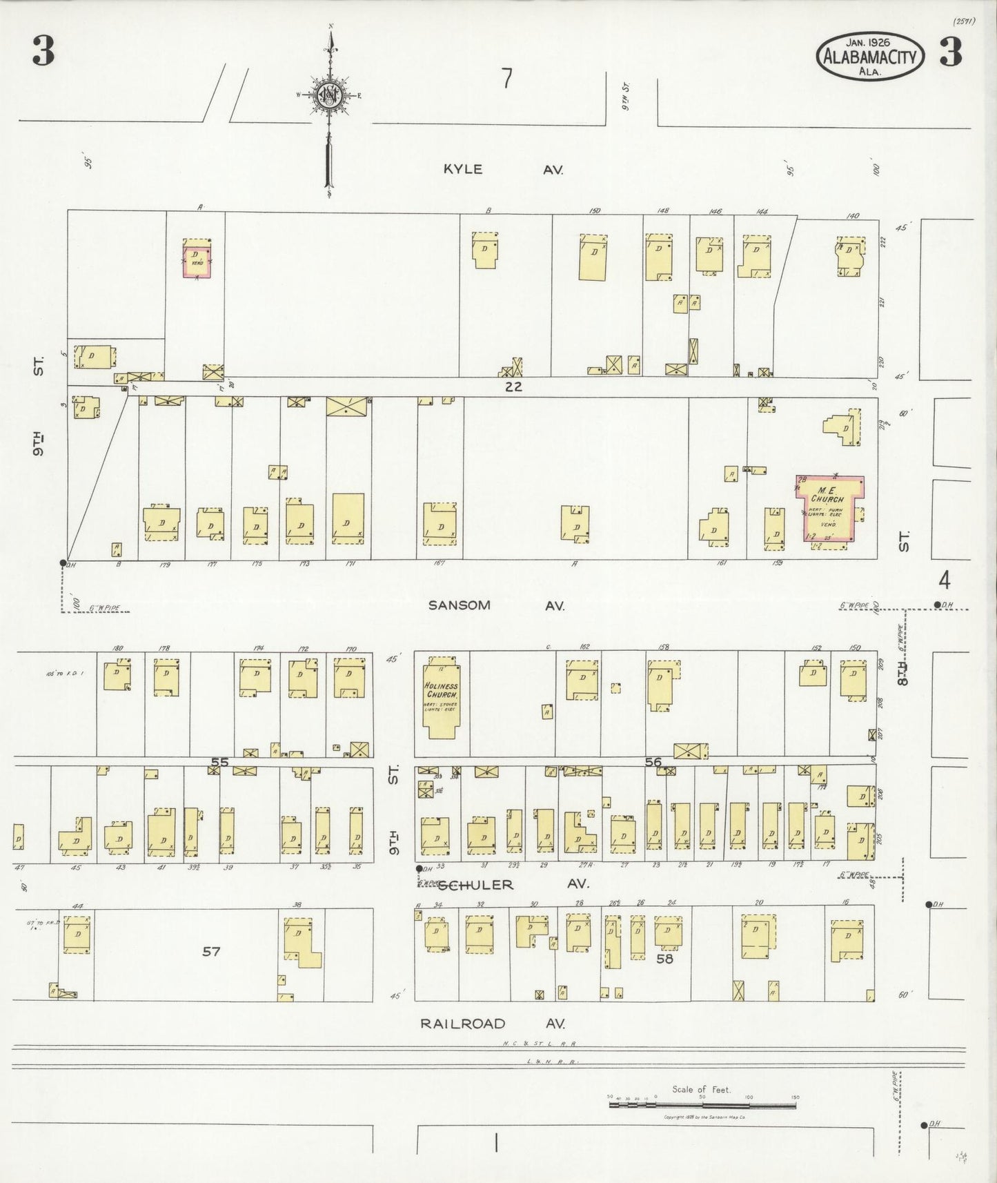 Sanborn Fire Insurance Map from Alabama City, Etowah County, Alabama (1926), Sheet #0003 - Complete Map Set gallery image, historic Sanborn map, vintage wall art, Alabama Alabama