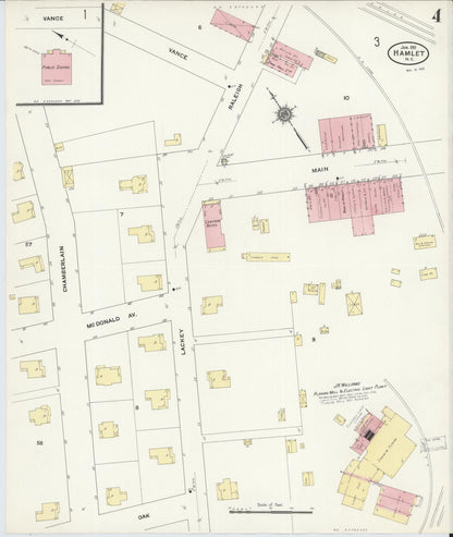 Sanborn Fire Insurance Map from Hamlet, Richmond County, North Carolina (1911), Sheet #0004 - Historic Sanborn Fire Insurance Map Print, vintage old map wall art, antique decor, genealogy gift, North Carolina North Carolina map