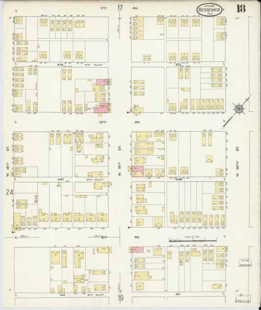 Sanborn Fire Insurance Map from Bessemer, Jefferson County, Alabama (1913), Sheet #0018 - Historic Sanborn Fire Insurance Map Print, vintage old map wall art, antique decor, genealogy gift, Alabama Alabama map