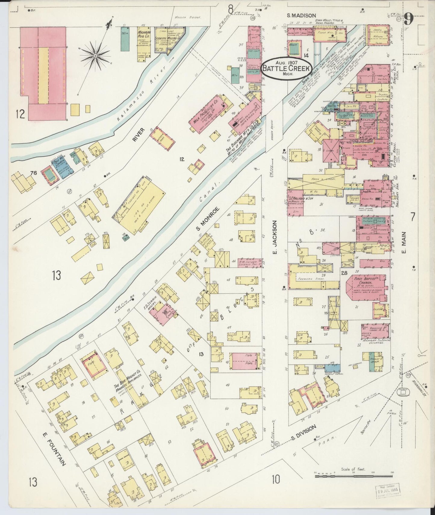 Sanborn Fire Insurance Map from Battle Creek, Calhoun County, Michigan (1907), Sheet #0009 - Historic Sanborn Fire Insurance Map Print, vintage old map wall art, antique decor, genealogy gift, Michigan Michigan map