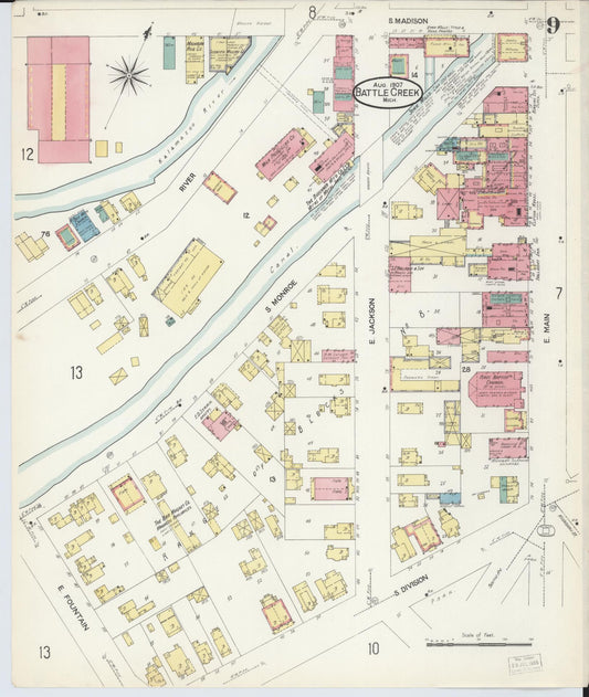 Sanborn Fire Insurance Map from Battle Creek, Calhoun County, Michigan (1907), Sheet #0009 - Historic Sanborn Fire Insurance Map Print, vintage old map wall art, antique decor, genealogy gift, Michigan Michigan map