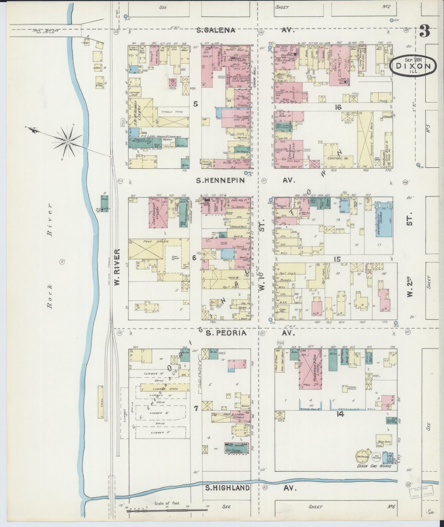 Sanborn Fire Insurance Map from Dixon, Lee County, Illinois (1891), Sheet #0003 - Historic Sanborn Fire Insurance Map Print, vintage old map wall art, antique decor, genealogy gift, Illinois Illinois map
