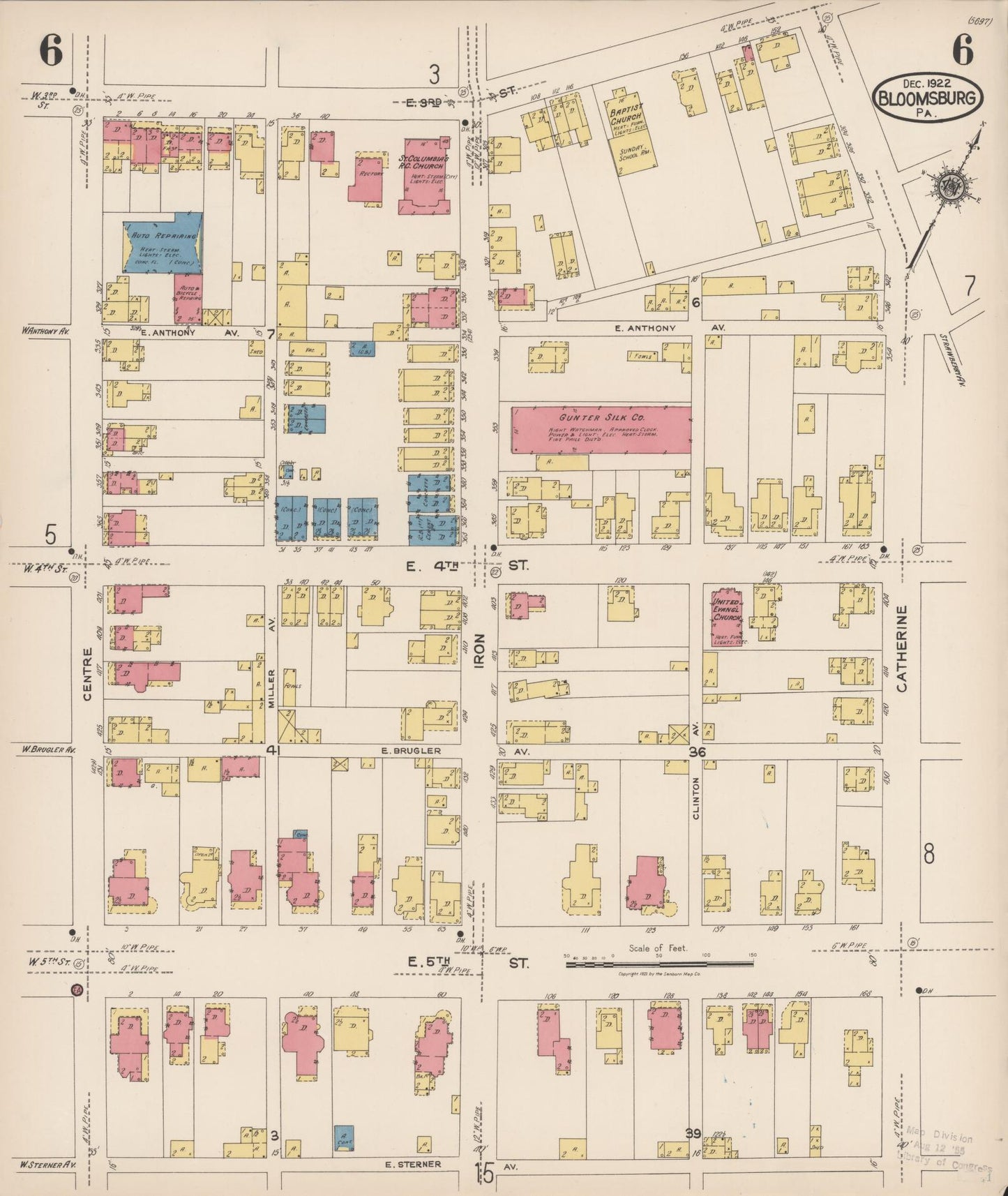 Sanborn Fire Insurance Map from Bloomsburg, Columbia County, Pennsylvania (1922), Sheet #0006 - Historic Sanborn Fire Insurance Map Print, vintage old map wall art, antique decor, genealogy gift, Pennsylvania Pennsylvania map