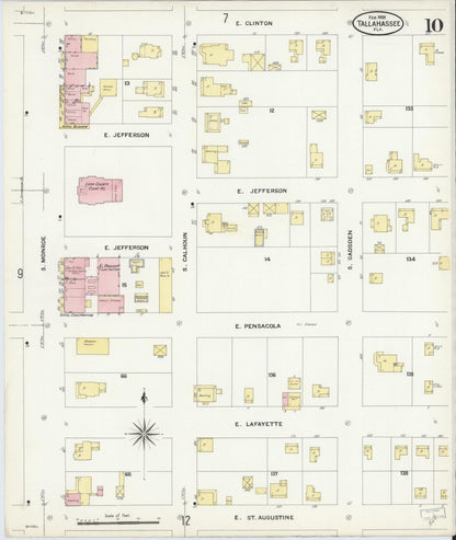 Sanborn Fire Insurance Map from Tallahassee, Leon County, Florida (1909), Sheet #0010 - Historic Sanborn Fire Insurance Map Print, vintage old map wall art, antique decor, genealogy gift, Florida Florida map
