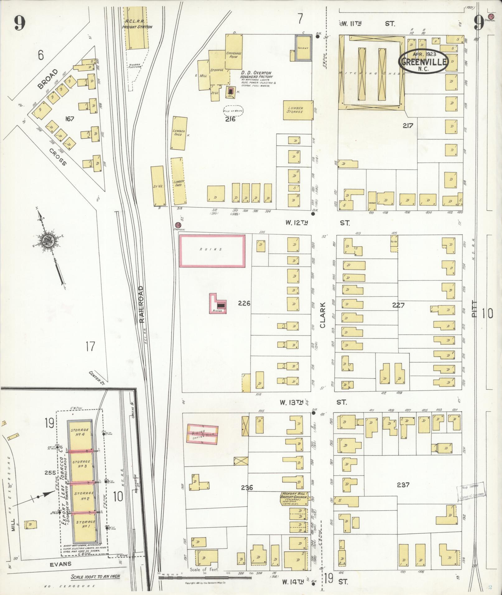 Sanborn Fire Insurance Map from Greenville, Pitt County, North Carolina (1923), Sheet #0009 - Complete Map Set gallery image, historic Sanborn map, vintage wall art, North Carolina North Carolina