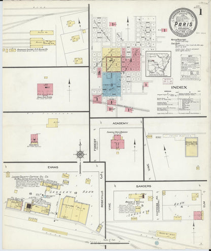 Sanborn Fire Insurance Map from Paris, Logan County, Arkansas (1913), Sheet #0001 - Complete Map Set gallery image, historic Sanborn map, vintage wall art, Arkansas Arkansas