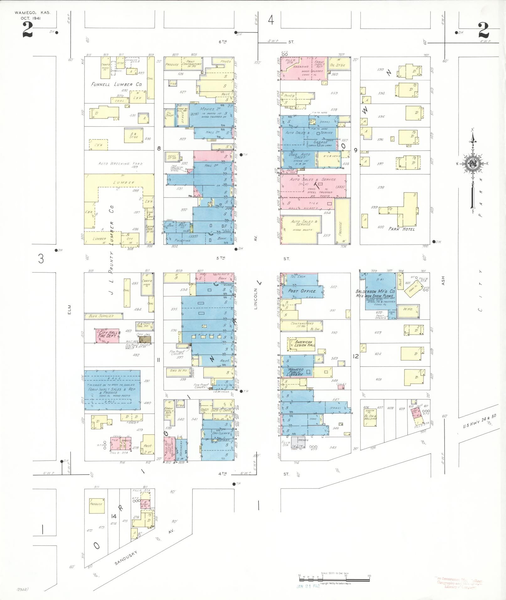 Sanborn Fire Insurance Map from Wamego, Pottawatomie County, Kansas (1941), Sheet #0002 - Complete Map Set gallery image, historic Sanborn map, vintage wall art, Kansas Kansas