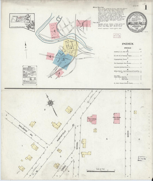 Sanborn Fire Insurance Map from Millers Falls, Franklin County, Massachusetts (1914), Sheet #0001 - Complete Map Set gallery image, historic Sanborn map, vintage wall art, Massachusetts Massachusetts