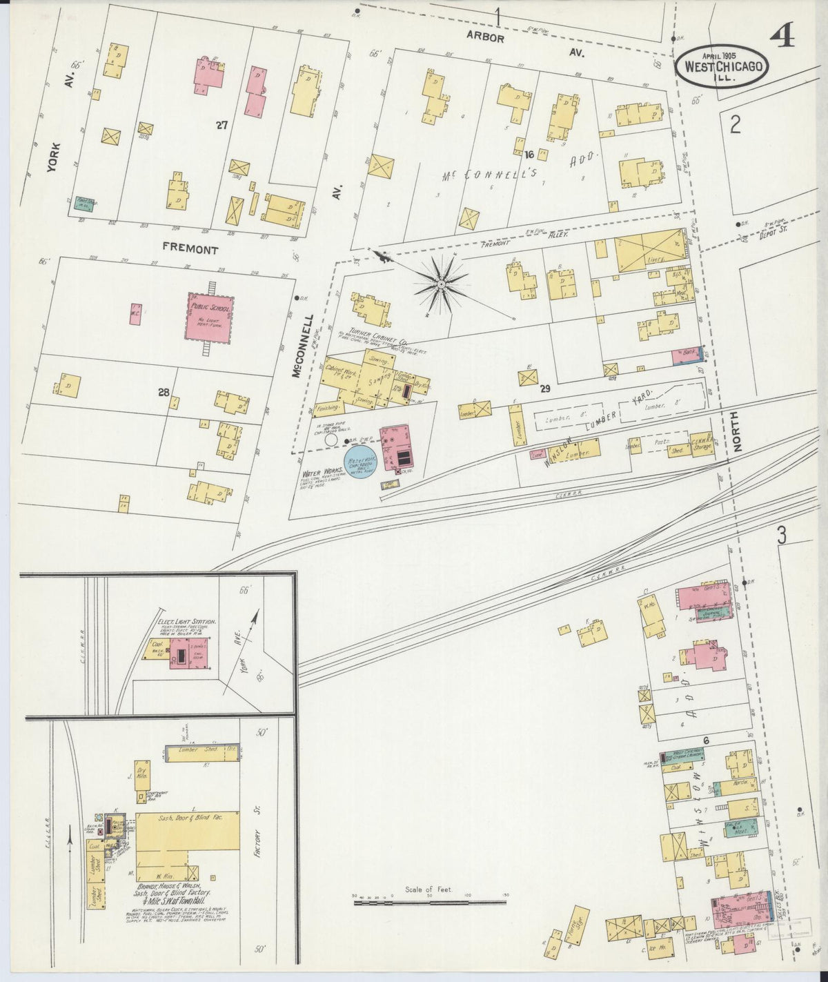 Sanborn Fire Insurance Map from West Chicago, Du Page County, Illinois (1905), Sheet #0004 - Complete Map Set gallery image, historic Sanborn map, vintage wall art, Illinois Illinois