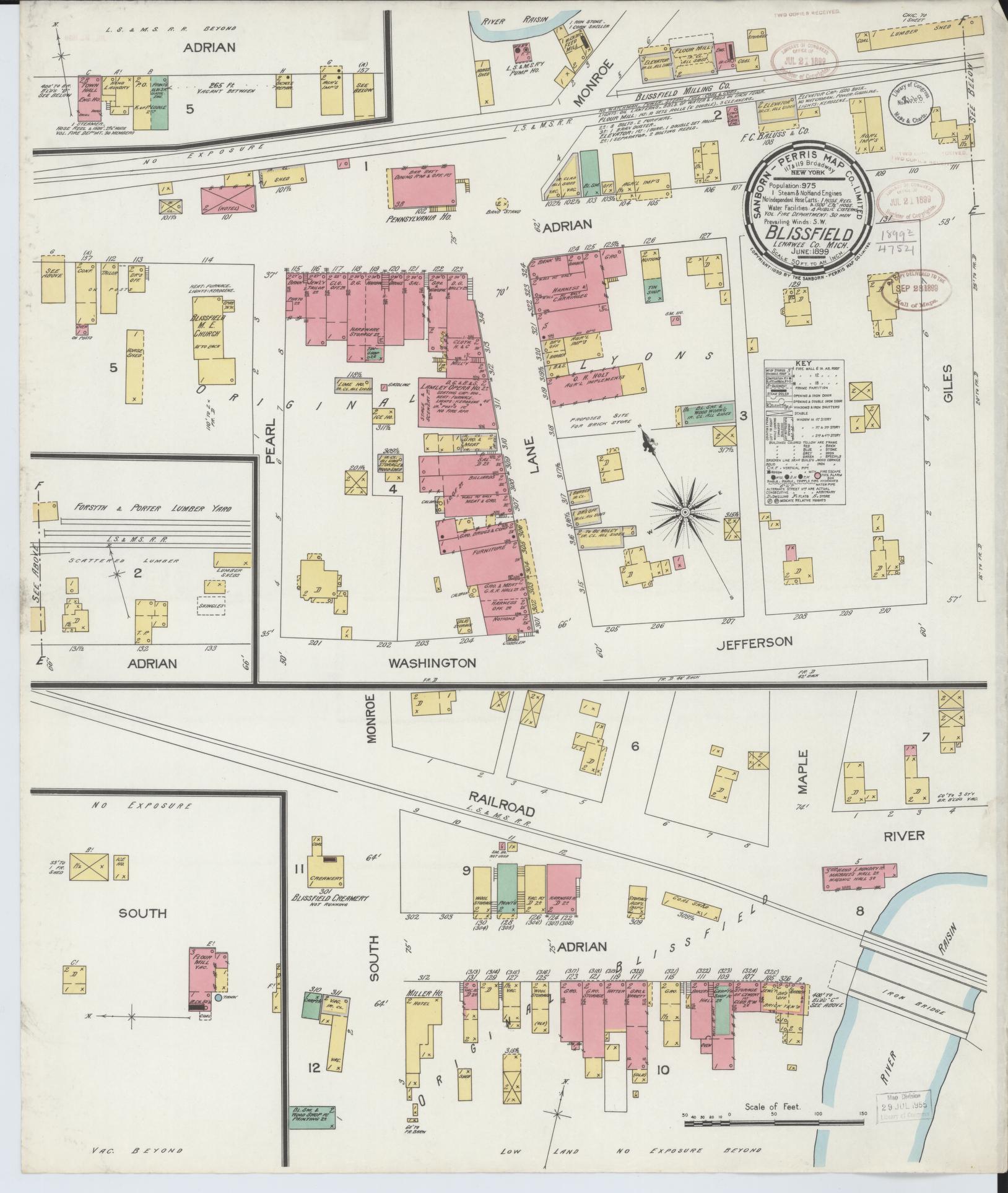 Sanborn Fire Insurance Map from Blissfield, Lenawee County, Michigan (1899), Sheet #0001 - Historic Sanborn Fire Insurance Map Print, vintage old map wall art, antique decor, genealogy gift, Michigan Michigan map