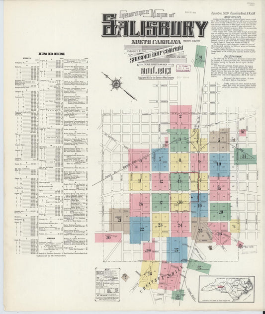 Sanborn Fire Insurance Map from Salisbury, Rowan County, North Carolina (1913), Sheet #0001 - Historic Sanborn Fire Insurance Map Print, vintage old map wall art, antique decor, genealogy gift, North Carolina North Carolina map
