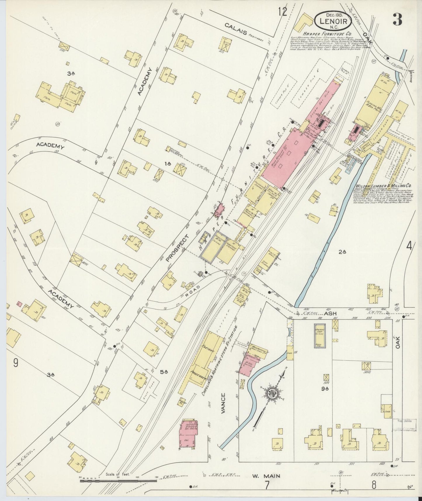 Sanborn Fire Insurance Map from Lenoir, Caldwell County, North Carolina (1913), Sheet #0003 - Complete Map Set gallery image, historic Sanborn map, vintage wall art, North Carolina North Carolina
