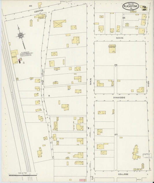 Sanborn Fire Insurance Map from Blackstone, Nottoway County, Virginia (1913), Sheet #0002 - Historic Sanborn Fire Insurance Map Print, vintage old map wall art, antique decor, genealogy gift, Virginia Virginia map