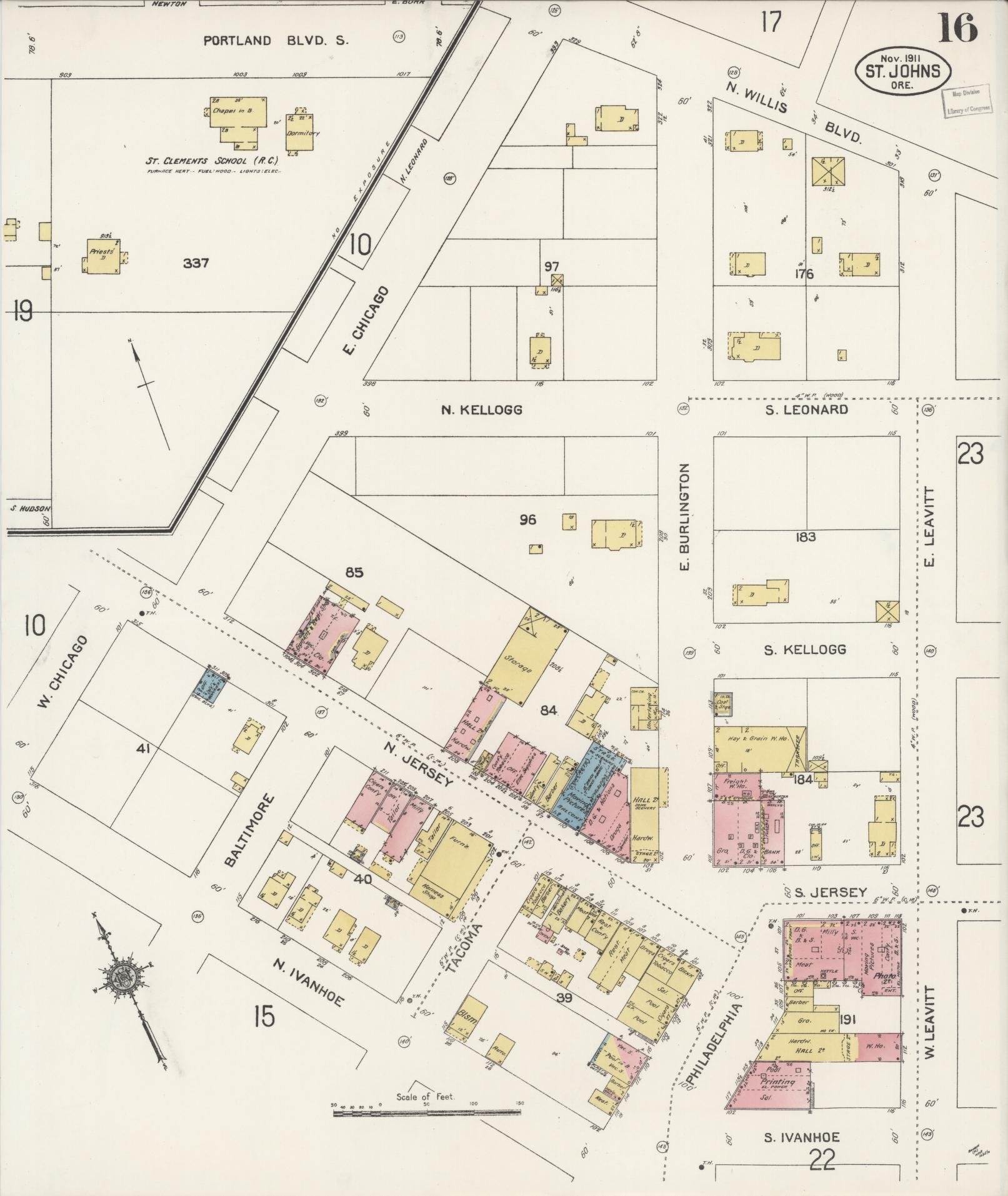 Sanborn Fire Insurance Map from Saint Johns, Multnomah County, Oregon (1911), Sheet #0016 - Historic Sanborn Fire Insurance Map Print, vintage old map wall art, antique decor, genealogy gift, Oregon Oregon map