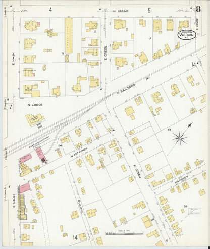 Sanborn Fire Insurance Map from Wilson, Wilson County, North Carolina (1908), Sheet #0008 - Historic Sanborn Fire Insurance Map Print, vintage old map wall art, antique decor, genealogy gift, North Carolina North Carolina map
